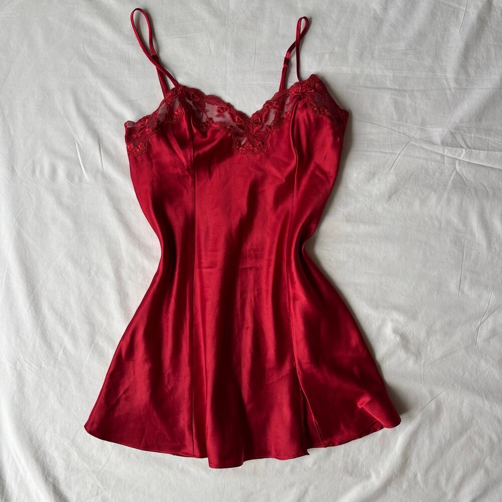 Vintage Y2K Victoria’s Secret Red Satin Slip Dress Lace Trim - Size XS